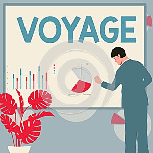 Text sign showing Voyage. Business concept Long journey involving travel by sea or in space Tourism Vacation