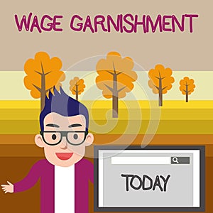 Text sign showing Wage Garnishment. Conceptual photo Deducting money from compensation ordered by the court Male Speaker