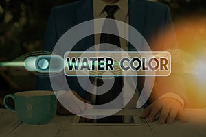 Text sign showing Water Color. Conceptual photo watersoluble binder such as gum arabic and thinned with water photo