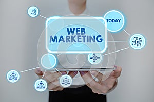 Text sign showing Web Marketing. Business idea Electronic commerce Advertising through internet Online seller Lady In