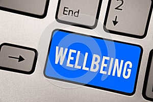 Text sign showing Wellbeing. Conceptual photo A good or satisfactory condition of existence including health Keyboard blue key Int photo
