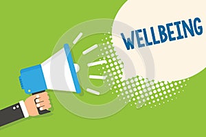 Text sign showing Wellbeing. Conceptual photo A good or satisfactory condition of existence including health Man holding megaphone photo