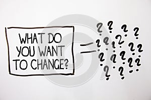 Text sign showing What Do You Want To Change Question. Conceptual photo Strategy Planning Decision Objective White background equa