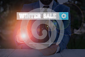 Text sign showing Winter Sale. Conceptual photo Discounts offered at the end of year Holiday sales lower prices.