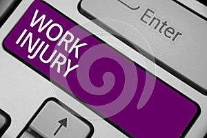 Text sign showing Work Injury. Conceptual photo Accident in job Danger Unsecure conditions Hurt Trauma Keyboard purple key Intenti