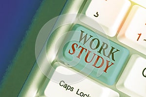 Text sign showing Work Study. Conceptual photo college program that enables students to work parttime photo