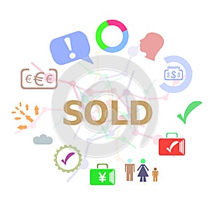 Text Sold. Business concept . Set of line icons and word typography on background