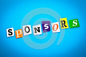 Text - sponsors from newspaper colorful letters on blue background. Single word, graphic banner