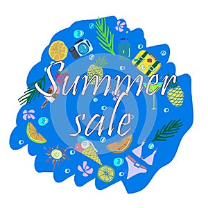 Text Summer  sale, discount banners.Juicy pineapple, citrus with grunge elements, ink drops, tropical plants, abstract background