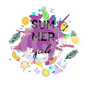 Text Summer  sale, discount banners.Juicy pineapple, citrus with grunge elements, ink drops, tropical plants, abstract background