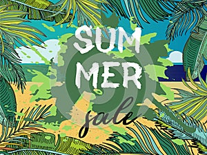 Text Summer  sale, discount banners.Juicy pineapple, citrus with grunge elements, ink drops, tropical plants, abstract background