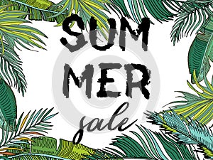 Text Summer  sale, discount banners.Juicy pineapple, citrus with grunge elements, ink drops, tropical plants, abstract background