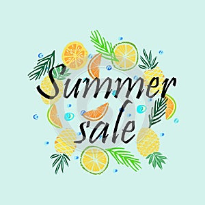 Text Summer  sale, discount banners.Juicy pineapple, citrus with grunge elements, ink drops, tropical plants, abstract background