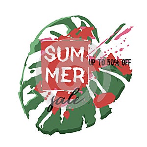 Text Summer Sale, discount banners.Palm leaves, grunge elements, ink drops, abstract background. Vector illustration.