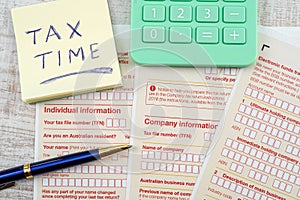 text tax time on australian tax form. accounting concept