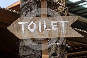 Text toilet on a wooden board of tropical Bali island, Indonesia. Vertical view of classic simple design handmade wooden sign of