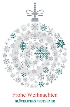 Christmas bauble vector with snowflakes, silver hanger and German Christmas greetings on white background.