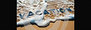 text vacation written on a sandy tropical beach, panoramic banner