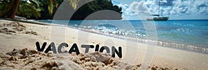 text vacation written on a sandy tropical beach, panoramic banner