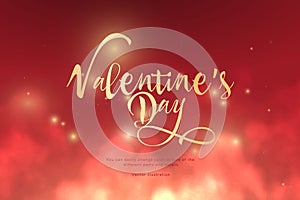 Text Valentine`s Day golden color in the clouds.Low poly wireframe art on red background.Concept for holiday or magic or miracle.