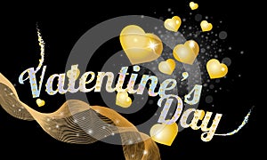 Text of Valentine`s day with golden hearts. Valentine`s day background vector