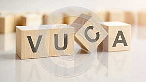 text VUCA on wooden blocks, background have blur effect