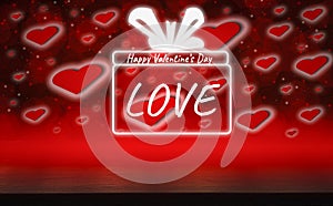 Text in white gift box square blocks ,dark wood table, Valentines day concept, and love red shape heart with bokeh background,