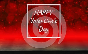 Text in white square blocks ,dark wood table, Valentines dayconcept, and love red shape heart with bokeh background, empty for