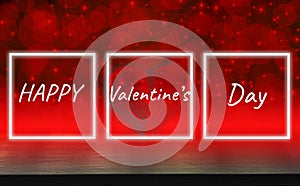 Text in white square blocks ,dark wood table, Valentines dayconcept, and love red shape heart with bokeh background, empty for