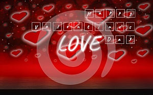Text in white square blocks ,dark wood table, Valentines dayconcept, and love red shape heart with bokeh background, empty for