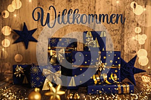 Text Willkommen, Means Welcome, Blue Christmas Gifts, Wooden Winter Decor