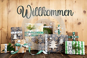 Text Willkommen, Means Welcome, Rustic, Eco Christmas Background