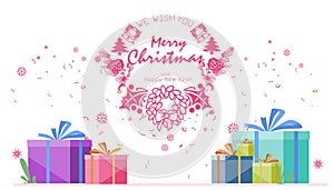 Text  We Wish You Merry Christmas and Happy New Year of  gift box. Suitable for the act of giving campaigns celebrate