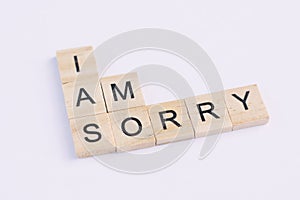 Text wooden blocks spelling the word i am sorry on white background