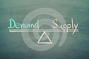 Text word demand and supply balance on seesaw drawing writing on chalkboard or blackboard background. Demand and supply