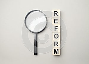 Text, word Reform written on wooden building blocks, on a light background. Business concept