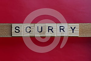 Text the word scurry from gray wooden small letters photo