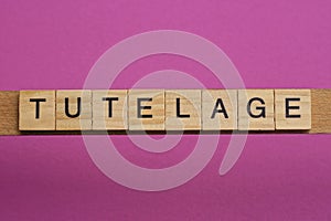 Text the word tutelage from gray wooden small letters