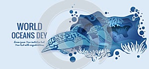 Text - world ocean day. Dolphin. template for making a postcard. vector image for laser cutting and plotter printing