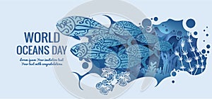 Text - world ocean day. Fish shoal template for making a postcard. Vector image for laser cutting and plotter printing. Fauna with