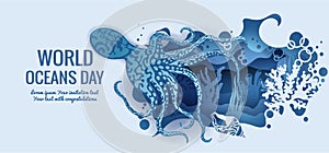 Text - world ocean day. octopus, cuttlefish. template for making a postcard. vector image for laser cutting and plotter printing.