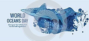 Text - world ocean day. shark. template for making a postcard. vector image for laser cutting and plotter printing. fauna with