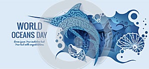 Text - world ocean day. Swordfish template for making a postcard. Vector image for laser cutting and plotter printing. fauna with