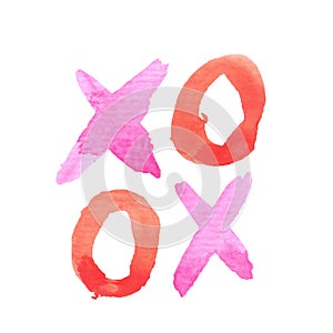 Text Xoxo on white background painted with watercolour brush. Sketch, watercolor, ink, graffiti. Cute romantic  illustration