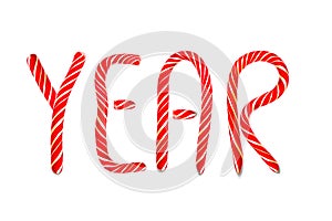 Text YEAR consisting of Candy Cane Isolated on White Background. Letter YEAR made of Red Candy Cane