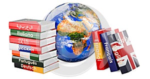 Textbooks or dictionaries with Earth Globe. Global Language Learning, 3D rendering