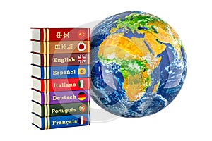 Textbooks or dictionaries with Earth Globe. Global Language Learning, 3D rendering