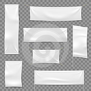 Textile advertising banners. Flags and hanging banner, blank fabric white horizontal cloth sign, textile ribbons vector photo