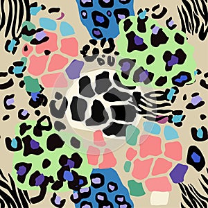 Textile art featuring colorful leopard print on a zebra background