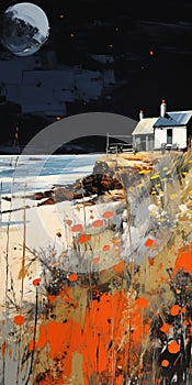 Textile Art Oil Painting Print - Coastal House With Thatched Roof